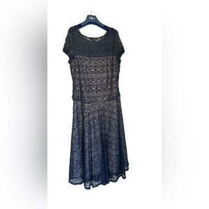 Navy Fully Lined Intricate Lace Midi Dress with Sequin Accents